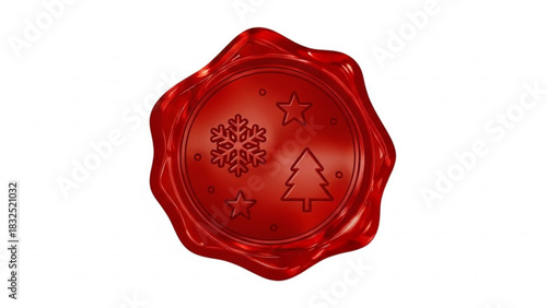 Festive red wax seal embellished with a snowflake christmas tree and stars for holiday greetings and celebrations