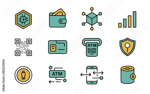 Digital finance and cryptocurrency icons set featuring blockchain, bitcoin, wallet, payment, security, and mobile banking.