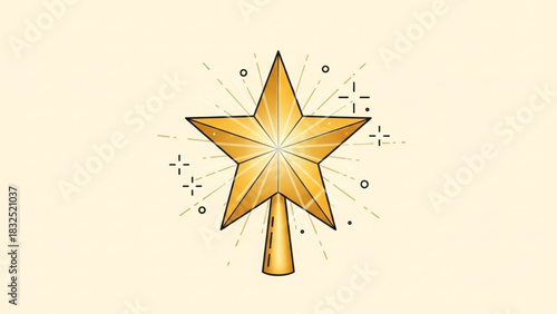 A radiant golden star a classic christmas tree topper shines brightly with celebratory light bursts and festive accents on a soft cream background