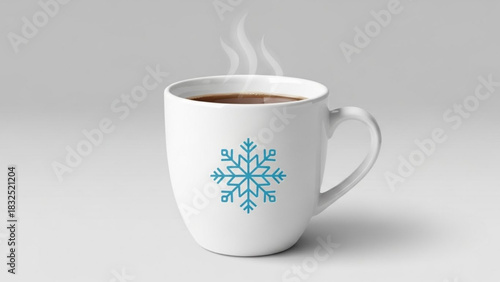 A steaming white mug with a blue snowflake design perfect for a cozy winter beverage