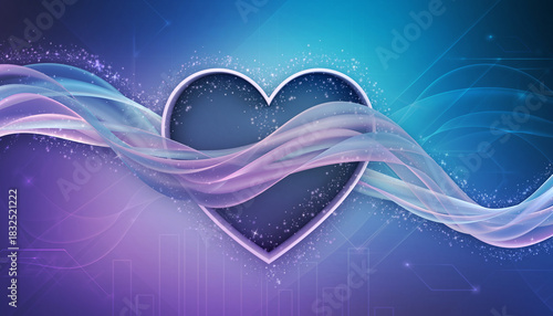 Heart shape floating ribbon gentle sparkles modern abstract blue purple glowing digital romantic dreamy soft background celebration fantasy elegant vibrant luminous festive creative
