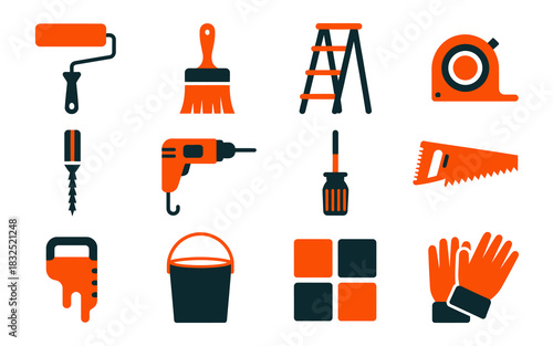 Home renovation and construction tools icon set, essential equipment for diy projects, repair, and building tasks on white background.