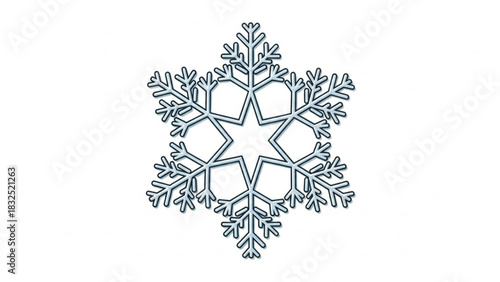 A stylized six pointed snowflake with intricate branching patterns rendered in cool blue and white against a clean white background symbolizing winter