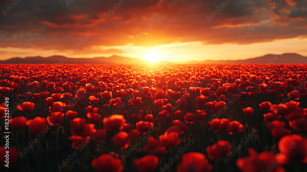 Fototapeta premium A stunning field of vibrant red flowers under a majestic sunset, showcasing nature's beauty and tranquility.