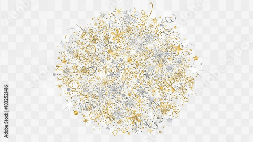 Sparkling gold and silver confetti and streamers forming a festive circular burst against a transparent background for celebrations