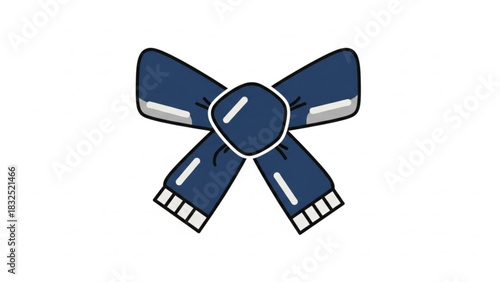 A stylized cartoon illustration of a dark blue bow tie with white accents and a black outline on a white background