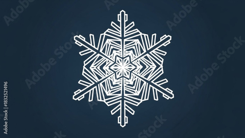 A stark white geometric snowflake design with intricate symmetrical patterns stands out against a deep navy blue background evoking a sense of winter