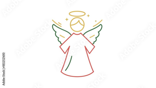 Minimalist angel icon with halo and wings in festive red green and gold colors on white background