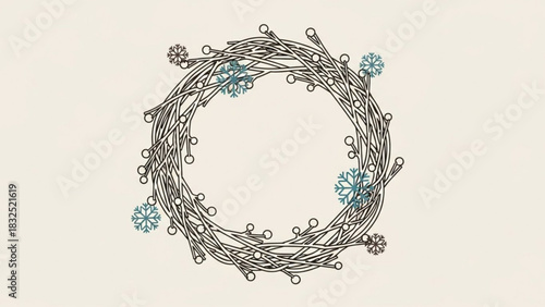 A delicate winter wreath crafted from thin branches and adorned with small stylized snowflakes on a subtle cream background