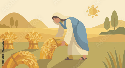 Ruth Gleaning in the Fields
Bible story
Ruth gathering grain with soft geometric shapes, warm gold wheat forms, minimal pastoral background.