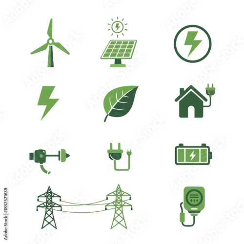 Go Green with Renewable Energy Icons! Wind, Solar, Leaf, Power, and Electricity for Sustainable Living, Perfect for Clean Energy Campaigns, Eco Friendly Designs