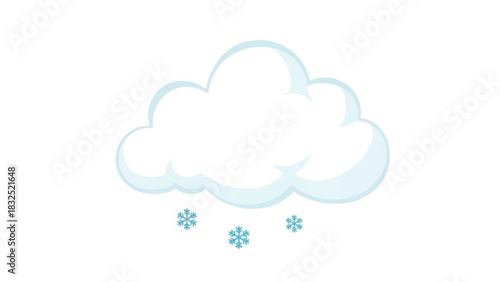 Cartoon illustration of a fluffy white cloud with a light blue outline gently snowing small blue snowflakes on a white background