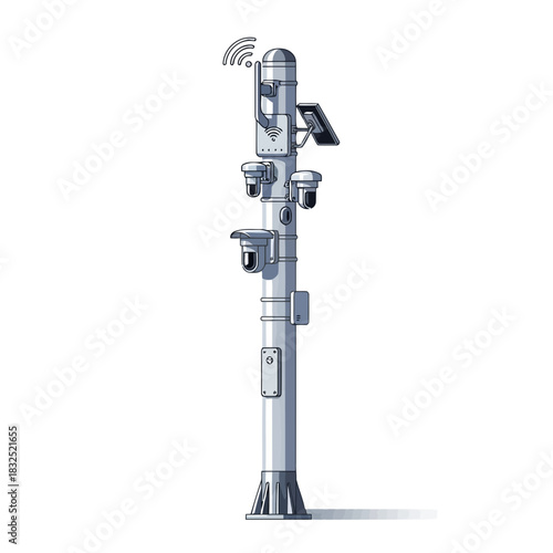 Modern surveillance pole with cameras and solar panel, a symbol of smart city technology and security, originally a scalable vector graphic