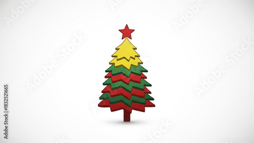Stylized christmas tree with red star topper and red green yellow layers on white background
