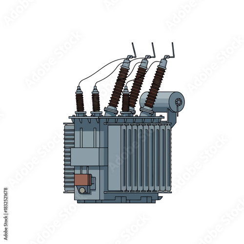 Detailed electrical transformer drawing, power grid infrastructure, energy distribution, industrial equipment illustration for engineering projects and educational materials