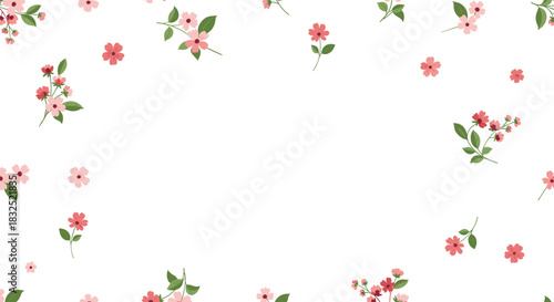 Beautiful floral frame background with small, delicate pink and red flowers scattered on a white canvas, perfect for invitations.