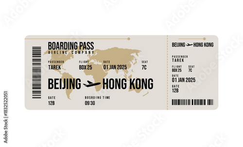 Realistic Flight Ticket Paper with World Map Beijing Hong Kong Destination