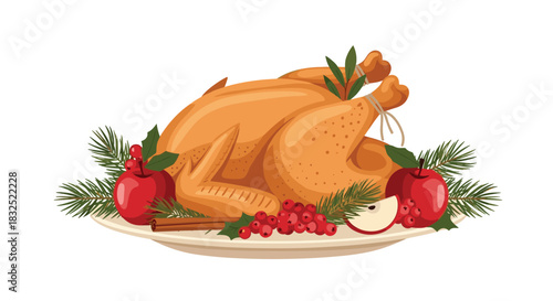 Festive roasted turkey served on a platter, garnished with apples, berries, and fir branches for a holiday Christmas dinner.