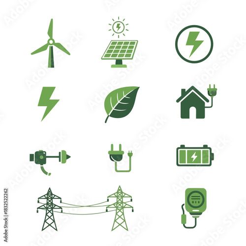 Go Green with Renewable Energy Icons! Wind, Solar, Leaf, Power, and Electricity for Sustainable Living, Perfect for Clean Energy Campaigns, Eco Friendly Designs