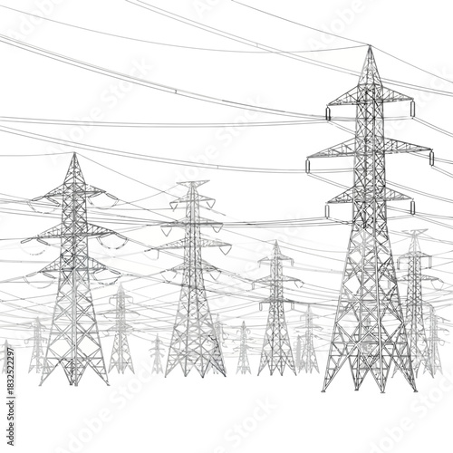 Modern power transmission lines, electrical grid infrastructure, energy distribution network with high voltage pylons, originally a scalable vector graphic