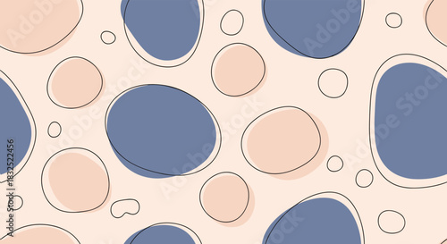 Seamless abstract pattern with hand-drawn organic shapes and scribbled lines in a soft, muted pink and blue color palette.