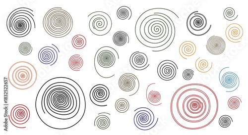 Abstract background featuring a collection of colorful, hand-drawn spiral and swirl doodles in various sizes and line styles.