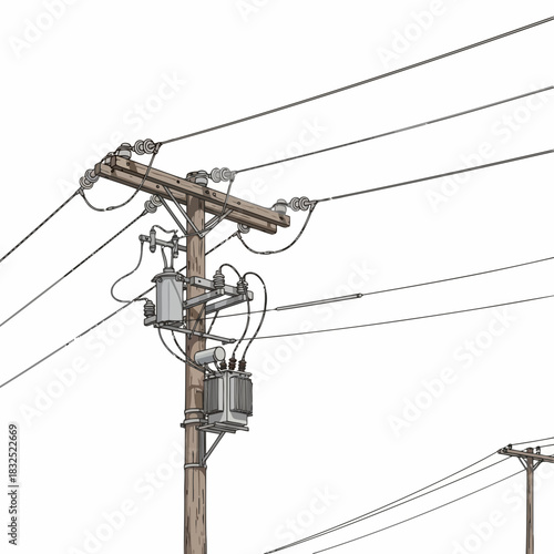 Electrical Power Lines Infrastructure with Transformers and Wooden Utility Pole Construction, Essential Electricity Transmission, Rural Connection System