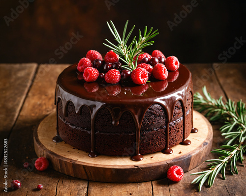 Chocolate cake on a wooden background decorated with raspberries, cranberries, and rosemary sprigs. New Year's mood. Template..