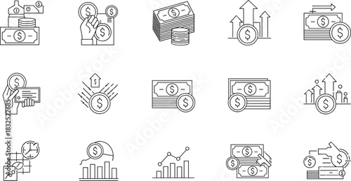 Minimalist financial icon set, line-art money and investment symbols, economic activity graphics, transaction and savings vector collection