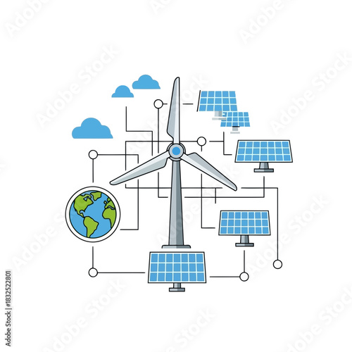 Sustainable energy solutions powering the world, wind turbine and solar panels creating a clean energy network for a greener future, earth friendly tech