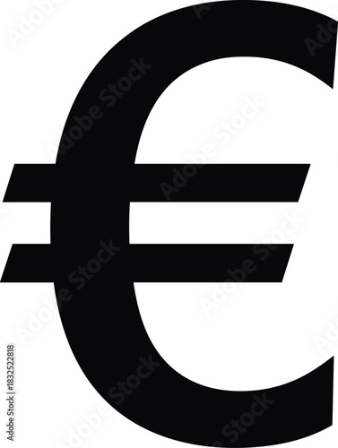 Bold Euro symbol icon, black currency graphic, financial concept illustration, European money theme, economic vector design