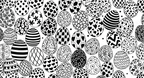 Black and white seamless pattern background filled with intricately decorated Easter eggs in various hand-drawn doodle styles.
