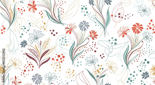Artistic seamless pattern of colorful wildflowers, leaves, and dots in a delicate, hand-drawn sketch style on a white background.