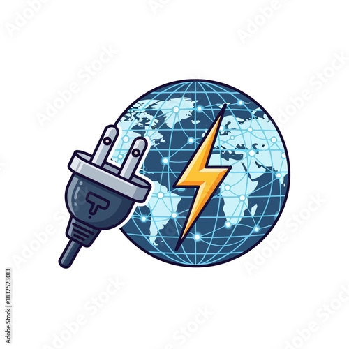 Connect to Global Power with this Dynamic Electrical Plug and Lightning Bolt Design, Energy Solutions for a Connected World, Originally a Scalable Graphic