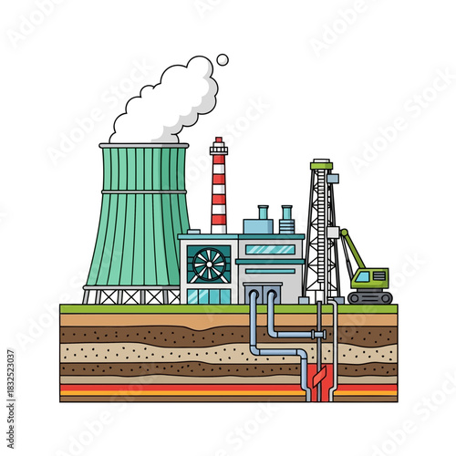 Sustainable energy solutions illustration showcasing a modern geothermal power plant with drilling technology, a forward-thinking energy concept for presentations