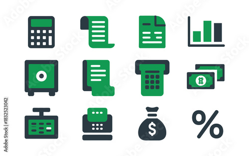 Collection of financial and accounting icons representing business and money management including calculator receipt safe cash register and graph