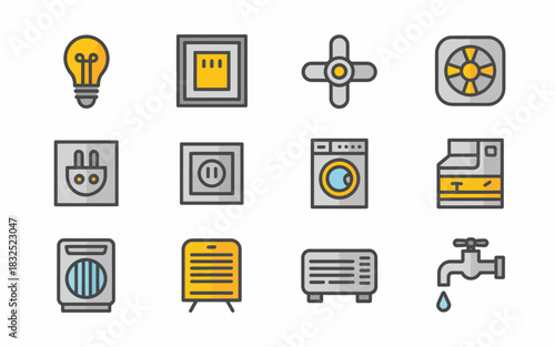 Collection of colorful flat design icons representing various household electrical appliances and plumbing fixtures for home improvement and renovation projects