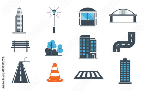 Collection of urban cityscape elements featuring modern skyscrapers streetlights bridges park benches traffic cones and roads for architectural and city planning concepts