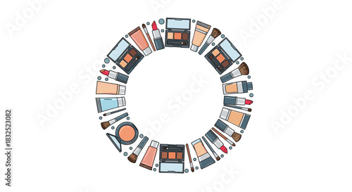 Circular frame made from a variety of cartoon cosmetic and makeup products, with empty copy space in the center for text.