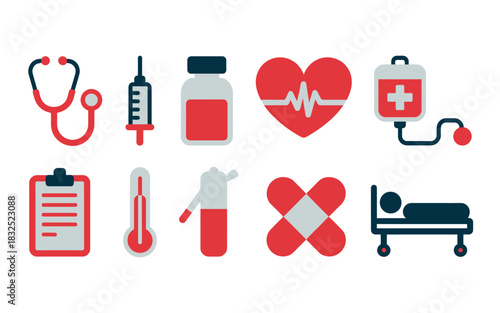 Collection of colorful flat design medical icons representing healthcare and medical treatment with a stethoscope syringe blood bag and hospital bed