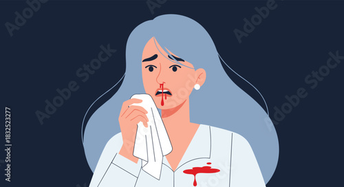 Illustration of a woman with a nosebleed, holding a tissue to her nose, with blood stains on her clothes, showing injury.