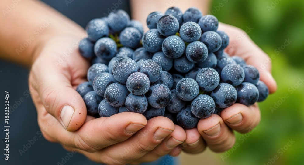 Fototapeta premium Hands holding fresh dark grapes with water droplets