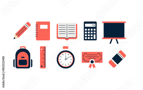 Collection of essential school supplies and educational tools including a pencil notebook ruler calculator blackboard backpack clock and eraser presented in a clean flat design style