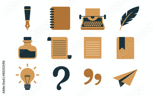 Collection of vintage writing tools and symbols representing creativity storytelling and the writing process including a quill pen ink bottle typewriter and notebook