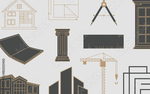 Architectural elements and tools collage featuring house blueprints classical column drafting compass window laptop and modern building designs representing construction and design professions