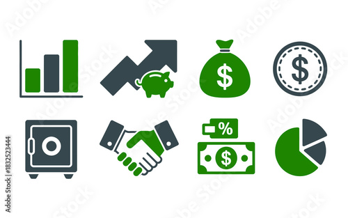 Collection of financial and business icons representing growth savings investment security partnership and financial success in a clean graphic style