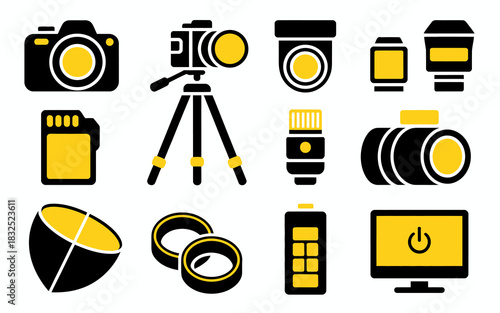 Collection of modern photography equipment icons including cameras lenses memory cards tripod and computer monitor in a clean graphic style with yellow and black accents