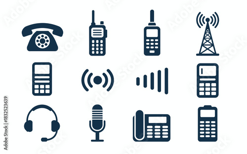 Collection of communication technology icons featuring vintage rotary phone walkie talkies cell phones radio tower headphones microphone and signal waves