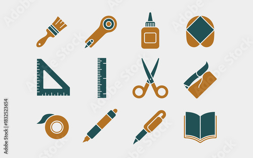 Collection of crafting and art supplies including a paintbrush rotary cutter glue bottle scissors ruler tape pens and a book presented in a clean vector illustration style