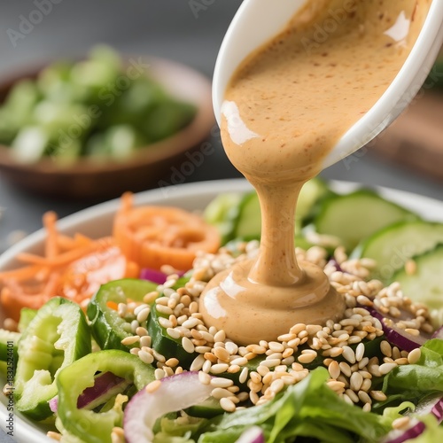 4k high quality Ai generative HD photo realistic menu selling eat food healthy breakfast diet vegetarian green Japanese salad vegetables texture closeup  sesame seeds mayonnaise dressing sauce pouring